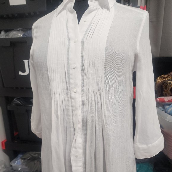Alfani Tops - Alfani Womens White Long Sleeve Sheer Polyester Blend Button Up Blouse Large
